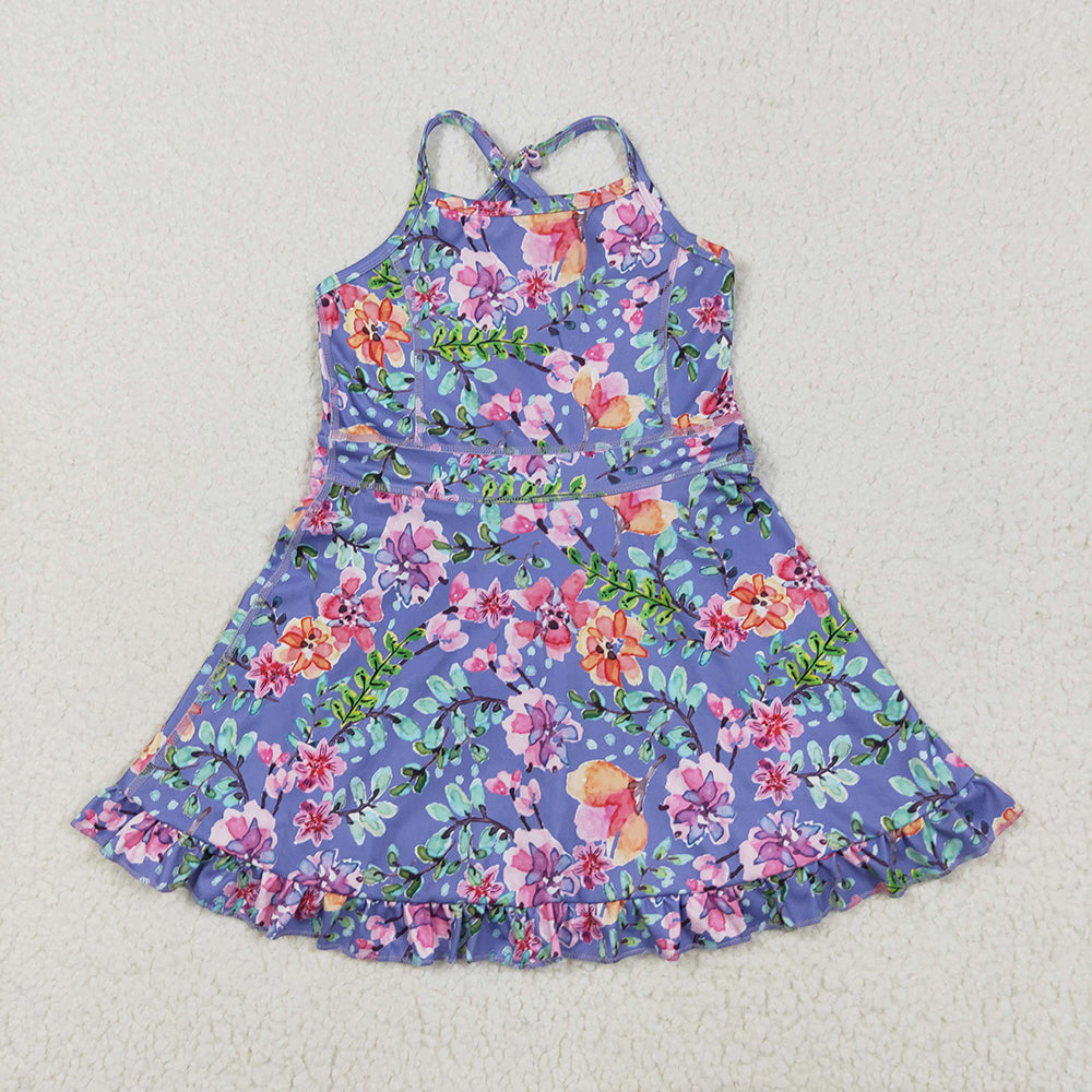 Baby Girls Purple Strap Floral Yoga Ruffle Knee Length Dresses