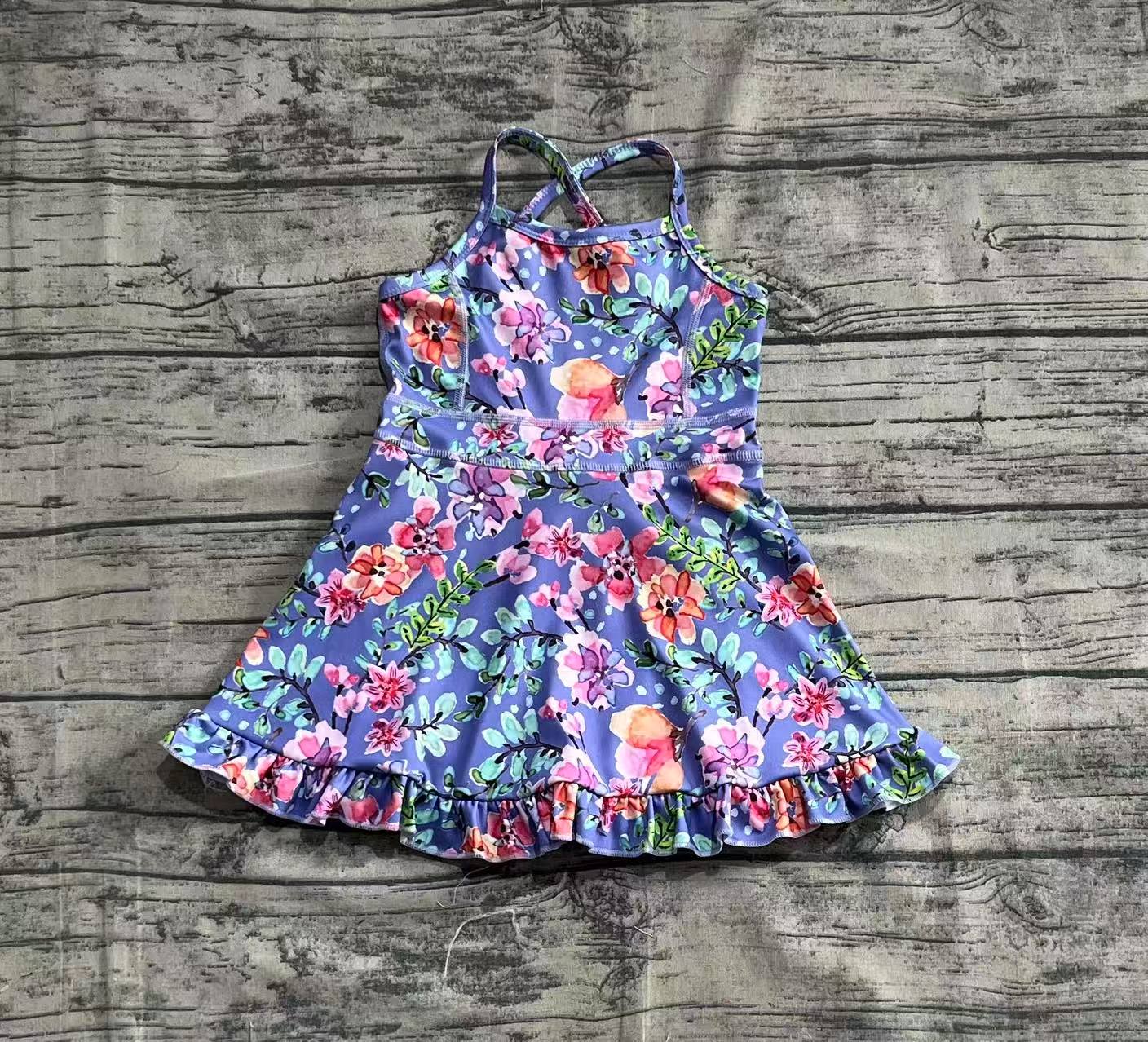 Baby Girls Purple Strap Floral Yoga Ruffle Knee Length Dresses
