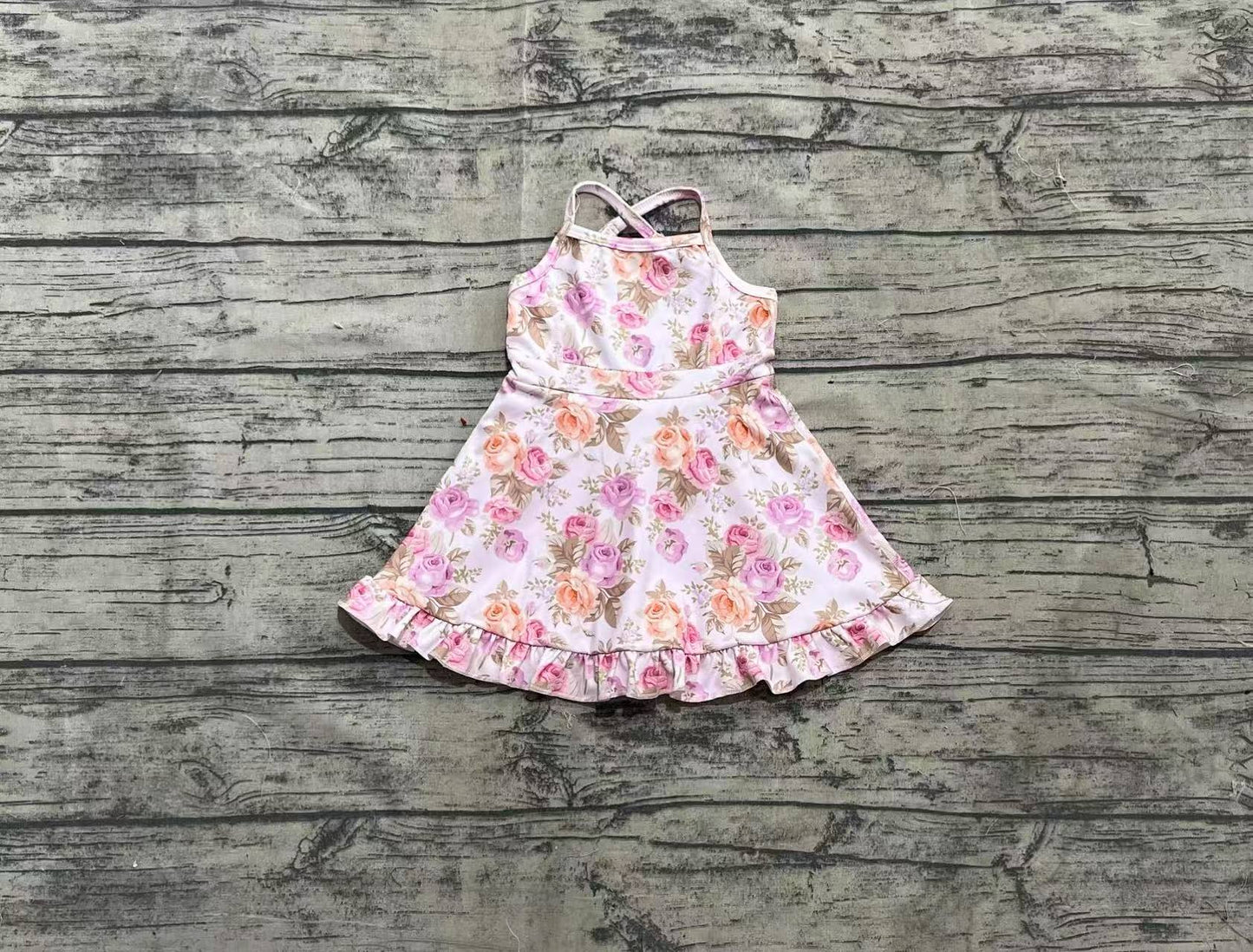 Baby Girls Peach Strap Floral Yoga Ruffle Knee Length Dresses