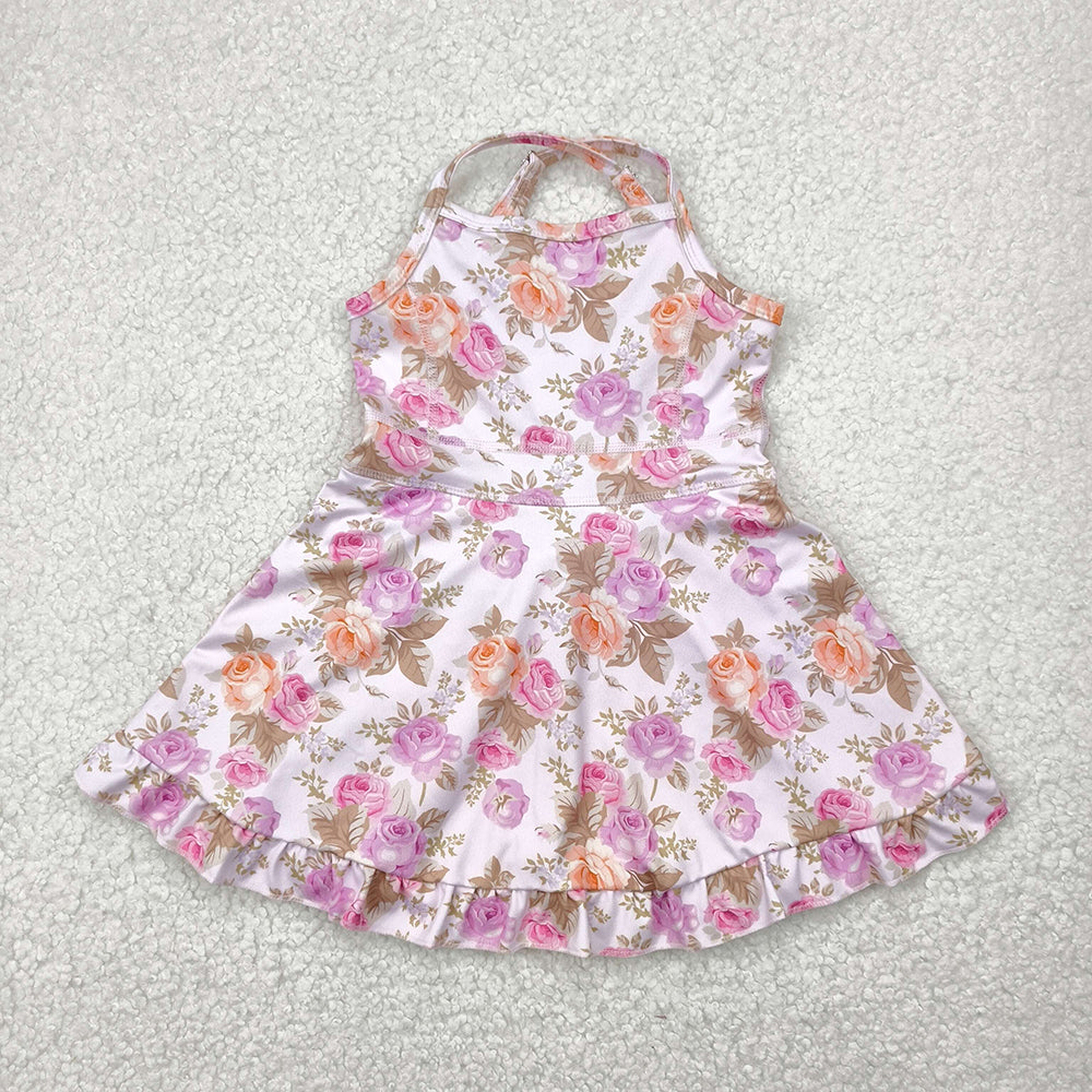 Baby Girls Peach Strap Floral Yoga Ruffle Knee Length Dresses