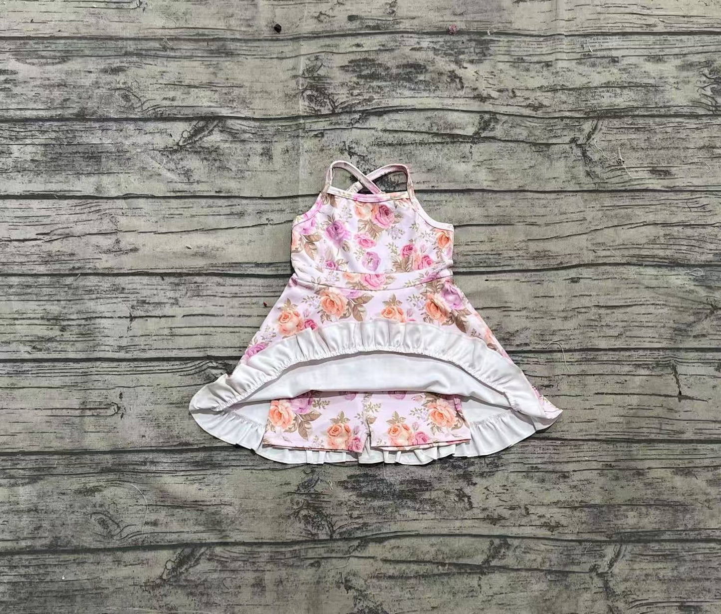 Baby Girls Peach Strap Floral Yoga Ruffle Knee Length Dresses