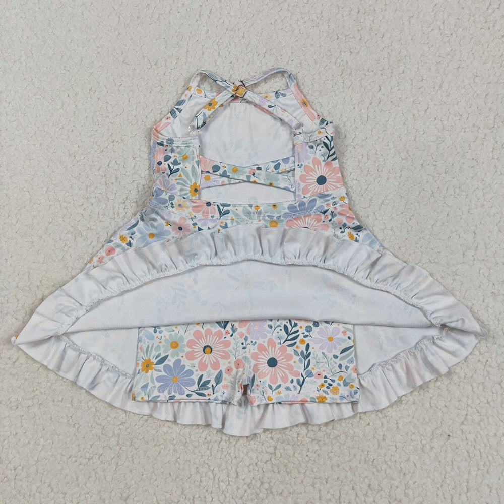 Baby Girls Aqua Strap Floral Yoga Ruffle Knee Length Dresses