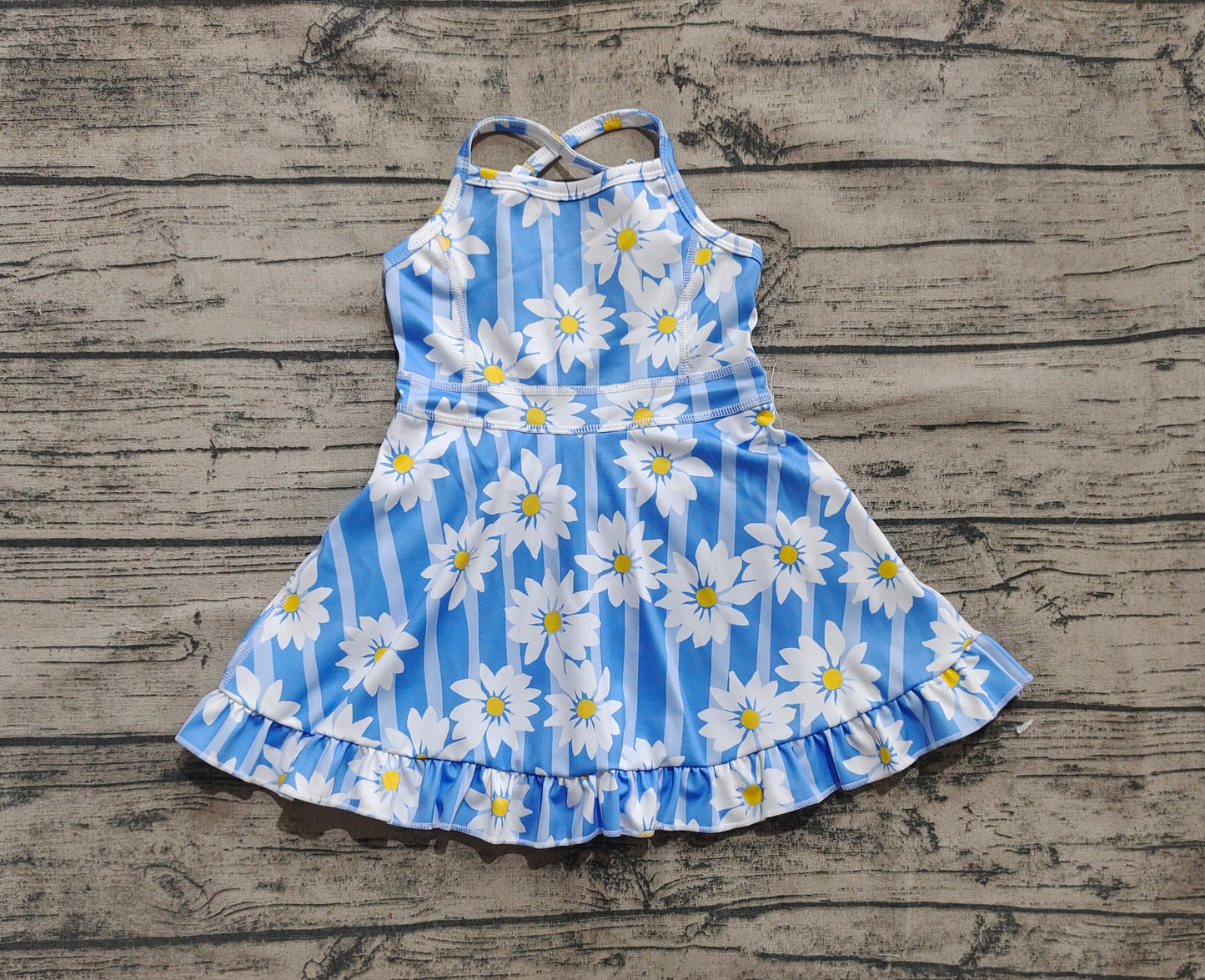 Baby Girls Blue Strap Stripe Floral Yoga Ruffle Knee Length Dresses