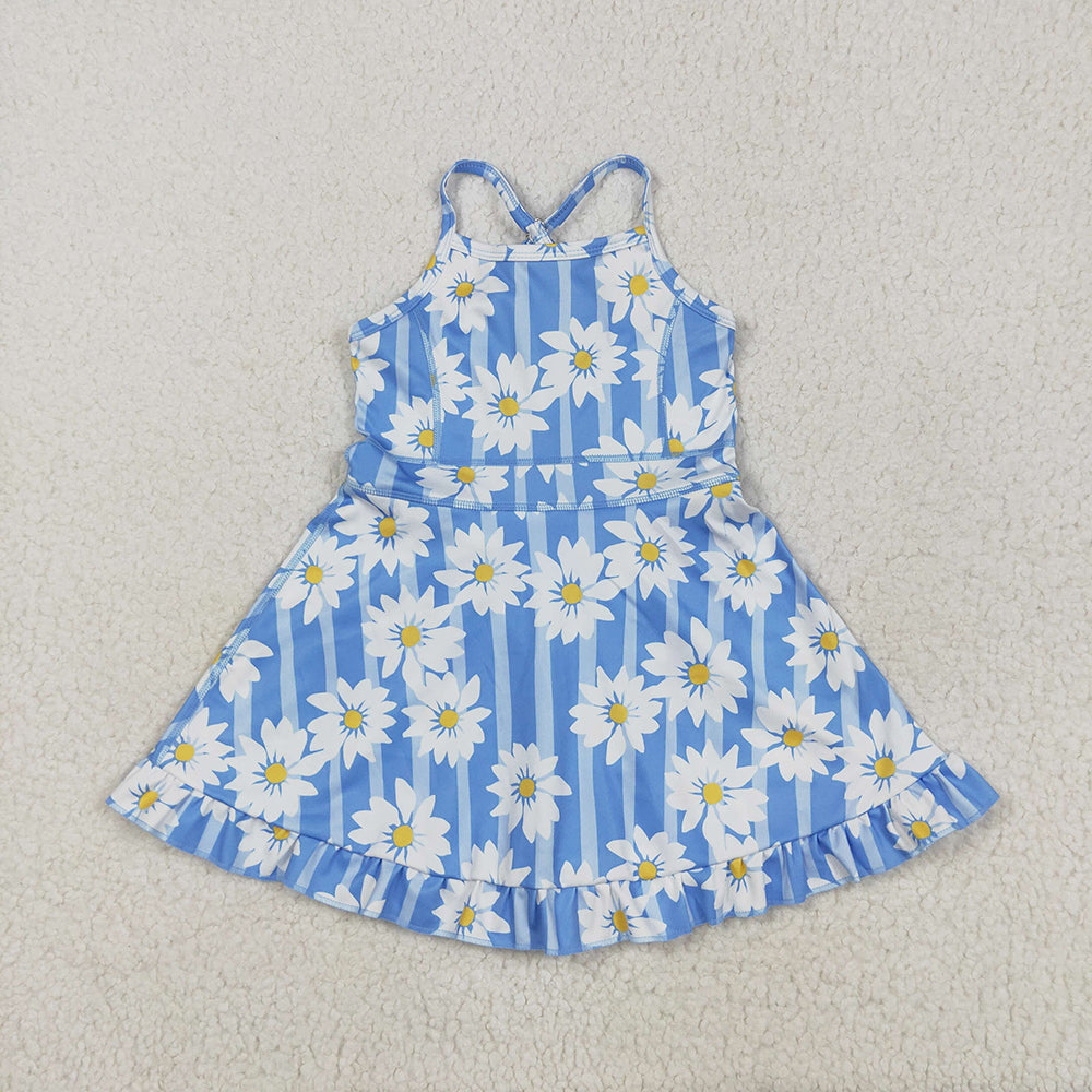 Baby Girls Blue Strap Stripe Floral Yoga Ruffle Knee Length Dresses