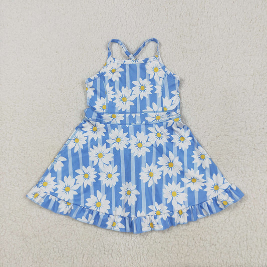 Baby Girls Blue Strap Stripe Floral Yoga Ruffle Knee Length Dresses