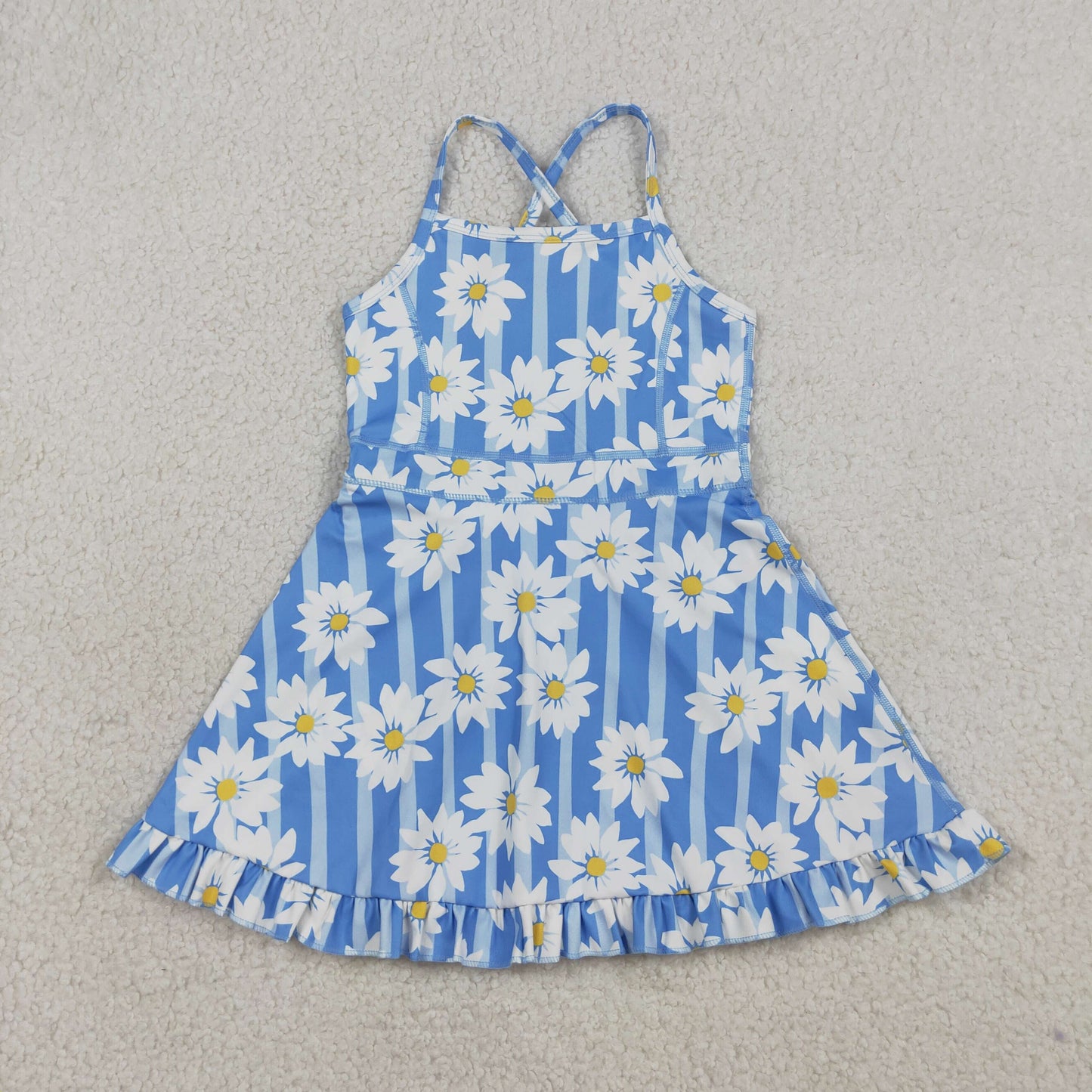 Baby Girls Blue Strap Stripe Floral Yoga Ruffle Knee Length Dresses