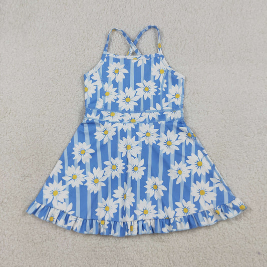 Baby Girls Blue Strap Stripe Floral Yoga Ruffle Knee Length Dresses