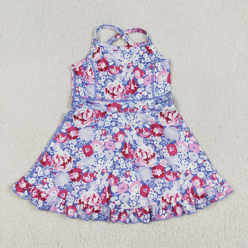 Baby Girls Lavender Strap Colorful Floral Yoga Ruffle Knee Length Dresses