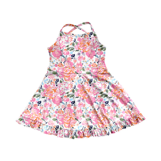 Preorder moq 5 Baby Girls Peach Strap Watercolor Floral Yoga Ruffle Knee Length Dresses