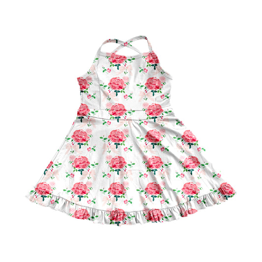 Preorder moq 5 Baby Girls Strap Floral Stripe Yoga Ruffle Knee Length Dresses