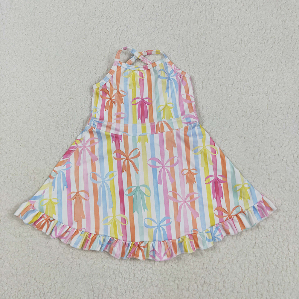 Baby Girls Strap Colorful Bows Stripe Yoga Ruffle Knee Length Dresses