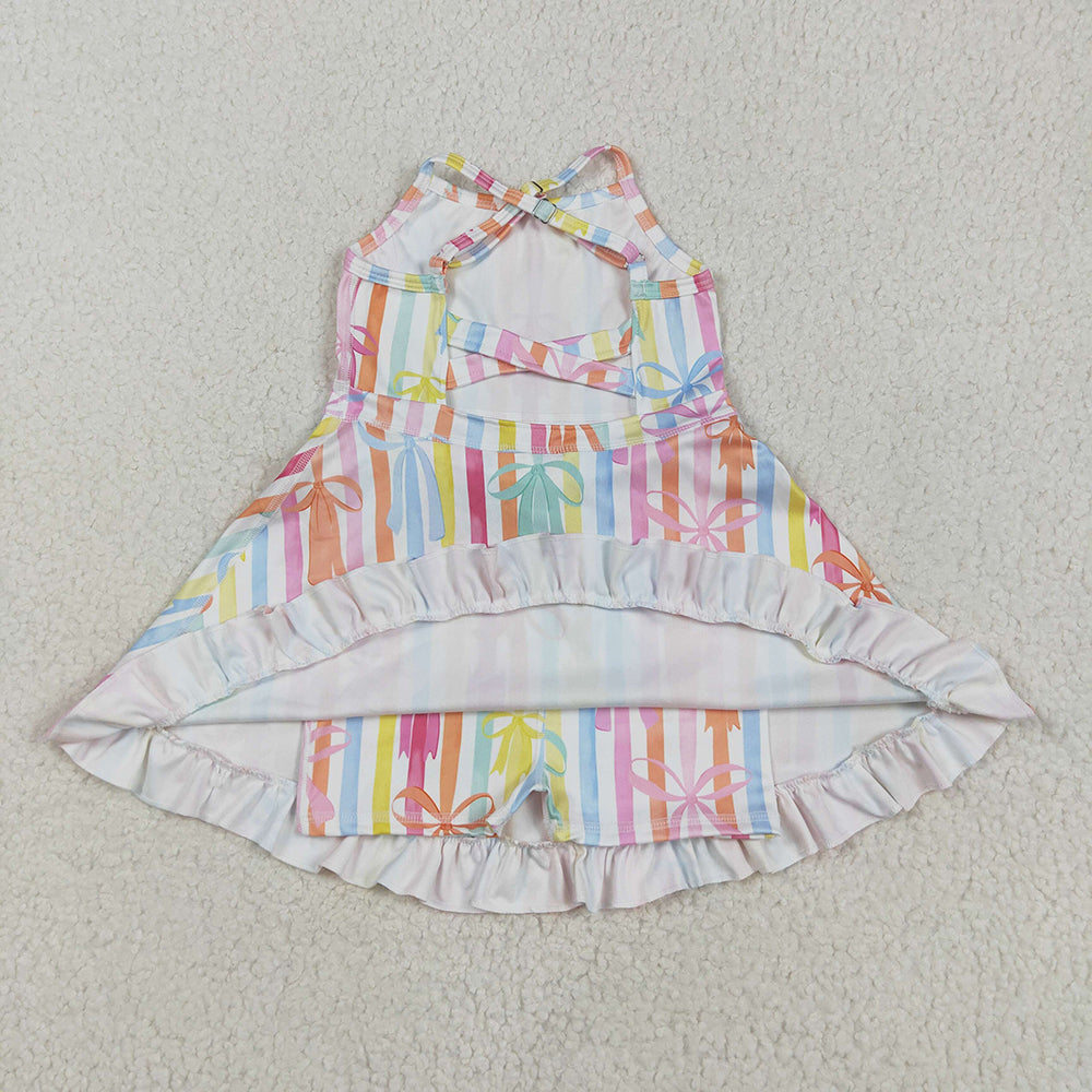 Baby Girls Strap Colorful Bows Stripe Yoga Ruffle Knee Length Dresses