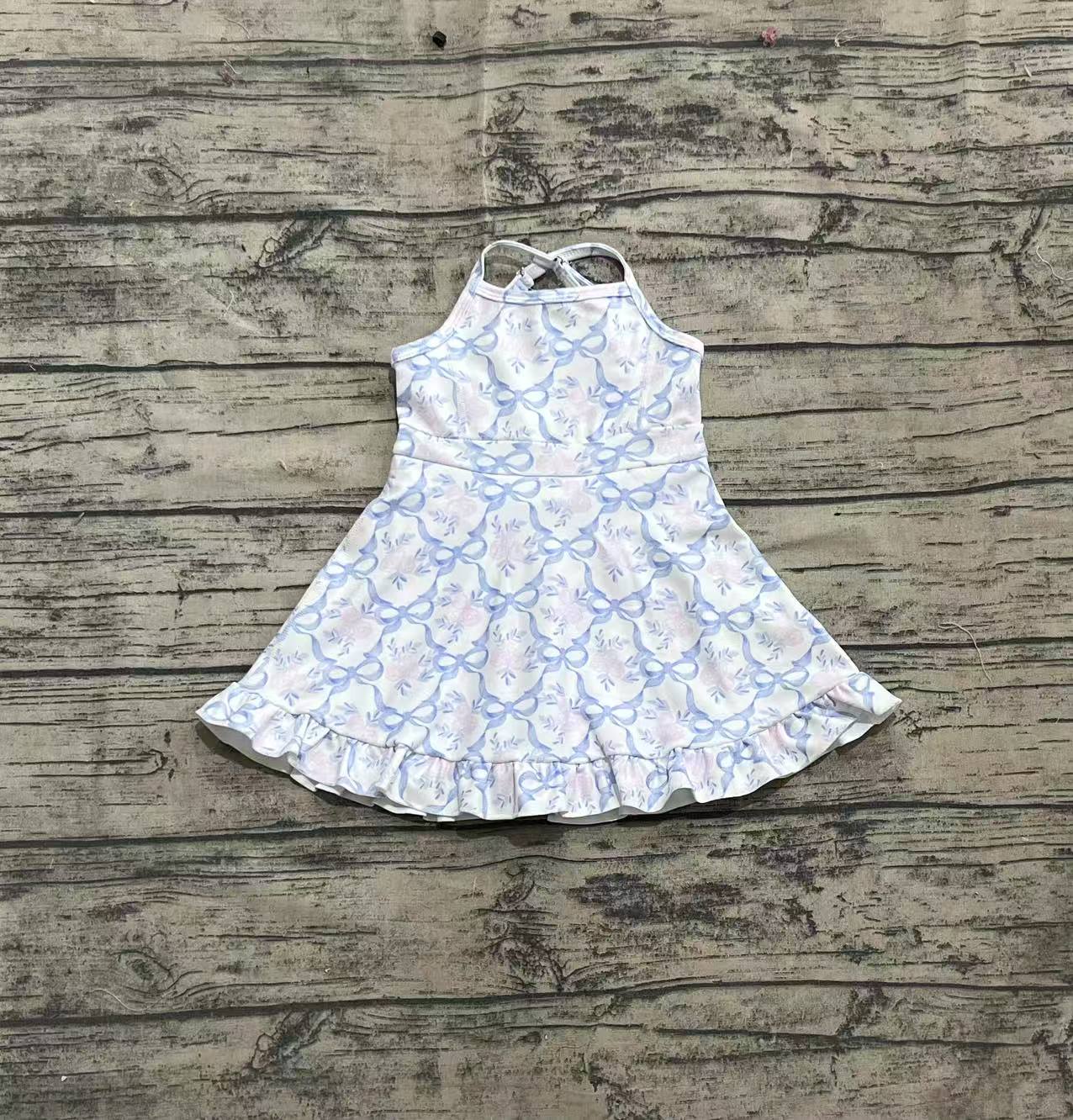 Baby Girls Strap Blue Bows Floral Yoga Ruffle Athletic Dresses