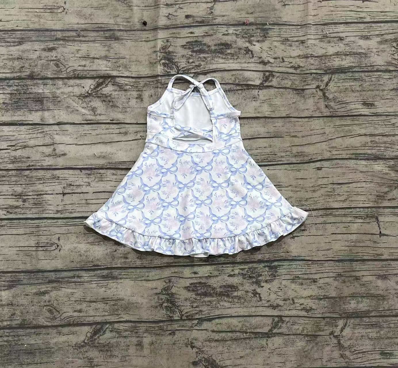 Baby Girls Strap Blue Bows Floral Yoga Ruffle Athletic Dresses