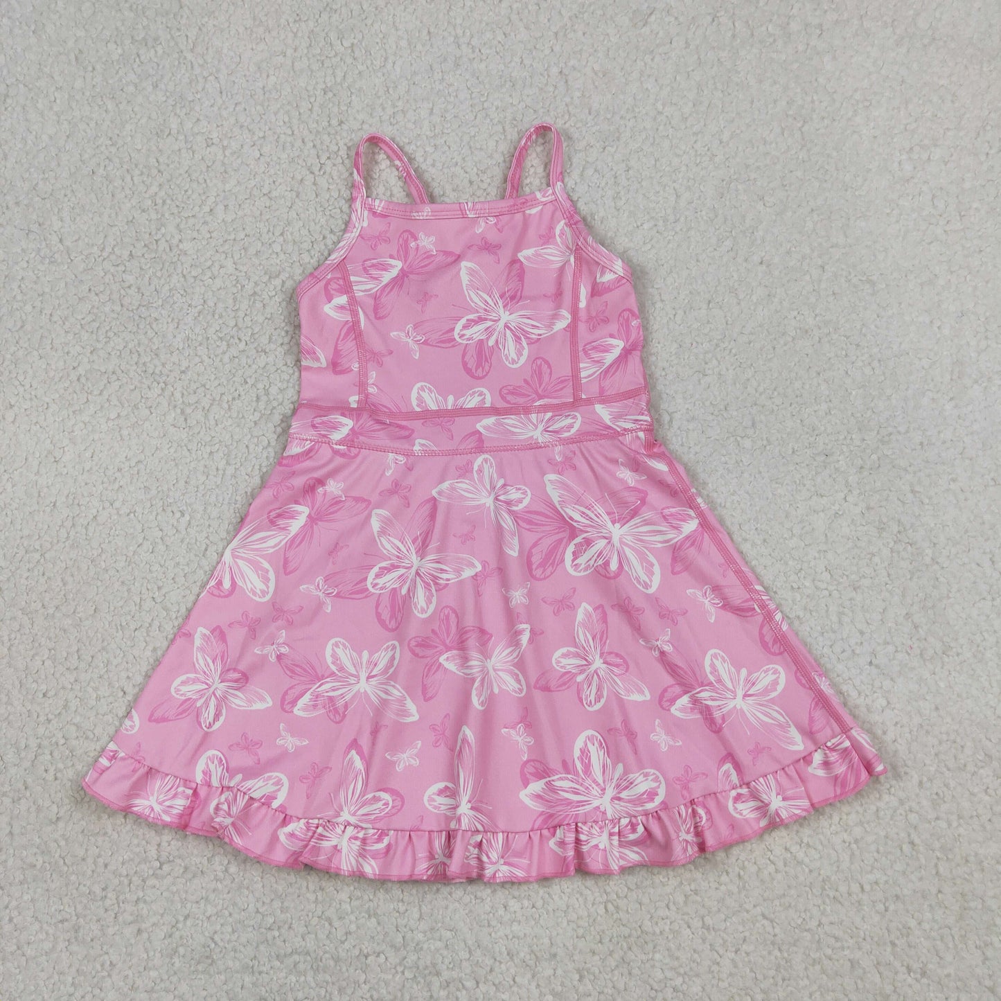Baby Girls Pink Strap Butterfly Flowers Yoga Active Short Ruffle Knee Length Dresses