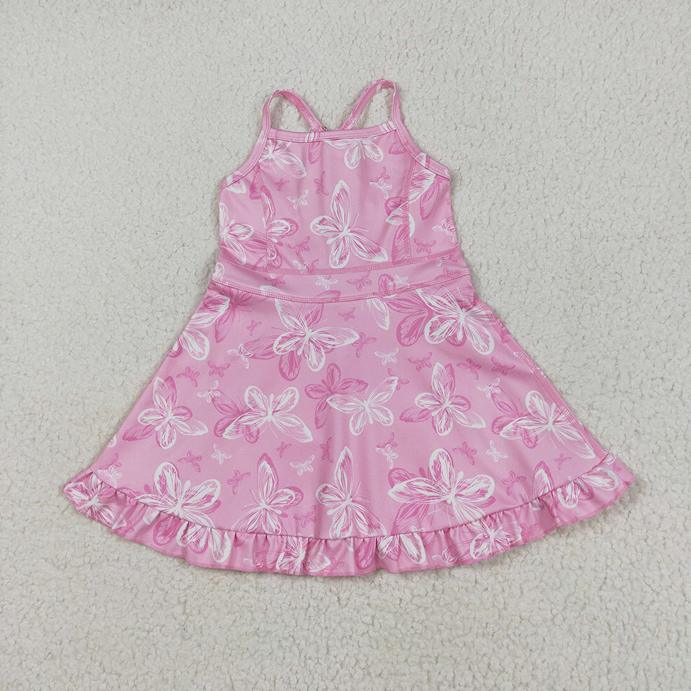 Baby Girls Pink Strap Butterfly Yoga Ruffle Knee Length Dresses