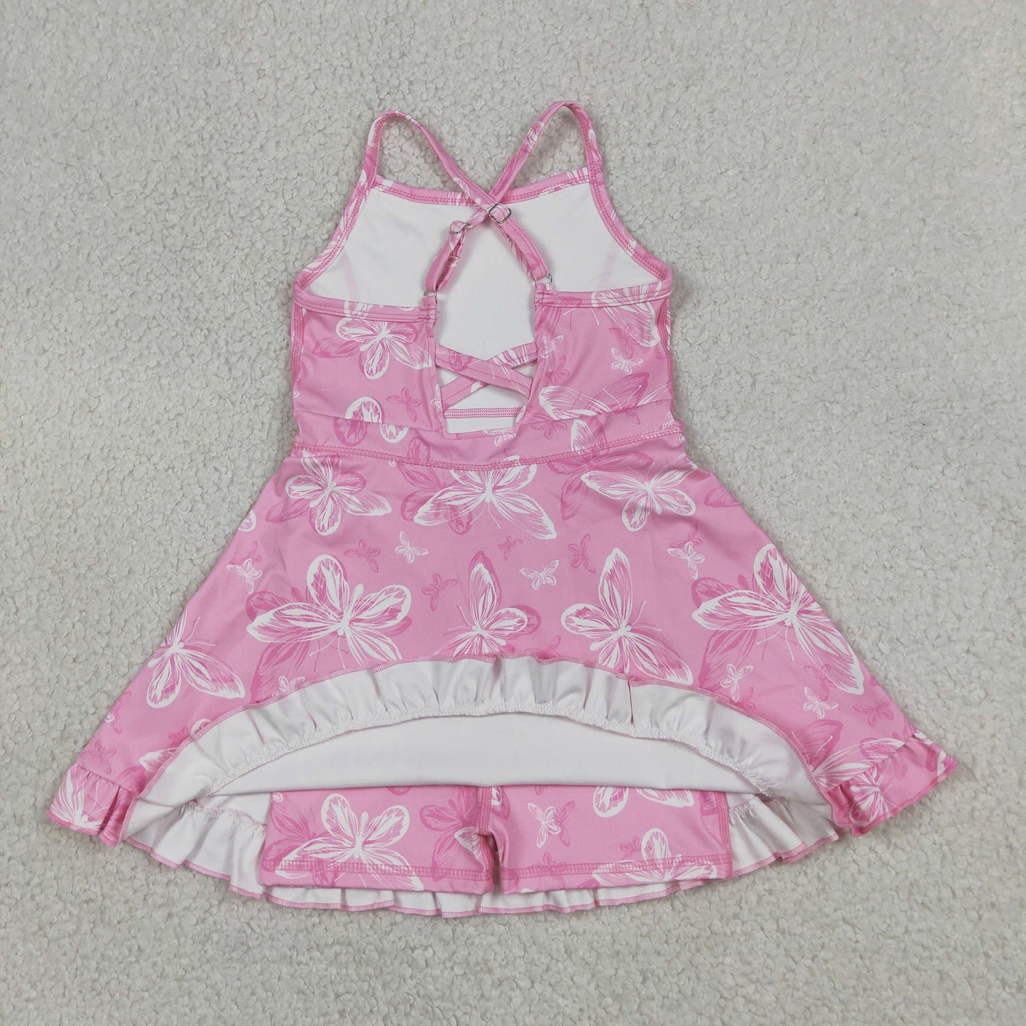 Baby Girls Pink Strap Butterfly Flowers Yoga Active Short Ruffle Knee Length Dresses