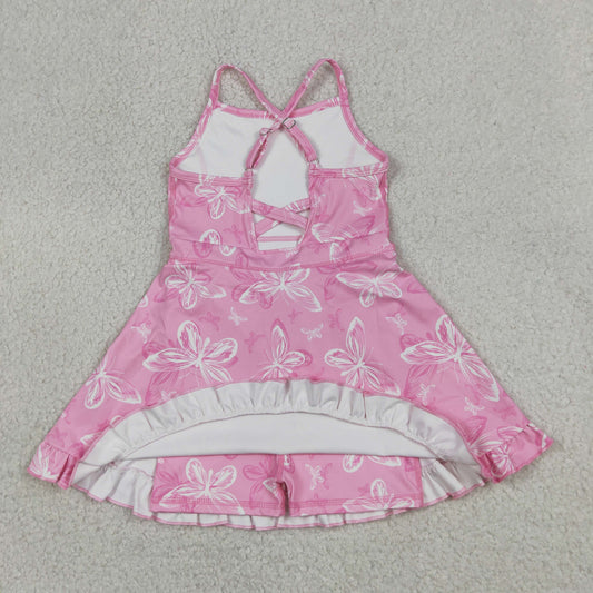Baby Girls Pink Strap Butterfly Flowers Yoga Active Short Ruffle Knee Length Dresses