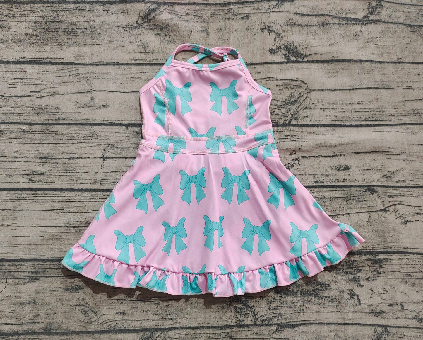 Baby Girls Pink Strap Green Bows Yoga Ruffle Knee Length Dresses