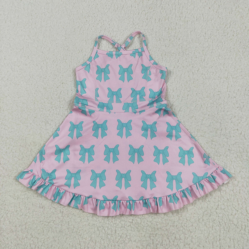 Baby Girls Pink Strap Green Bows Yoga Ruffle Knee Length Dresses