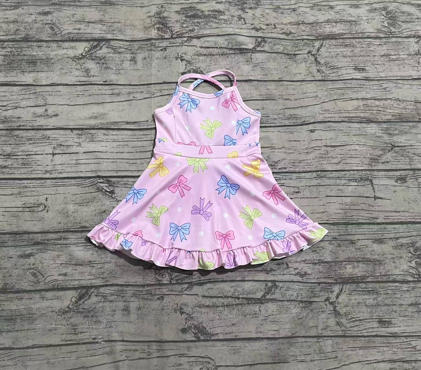 Baby Girls Pink Strap Colorful Bows Polka Dots Yoga Ruffle Knee Length Dresses