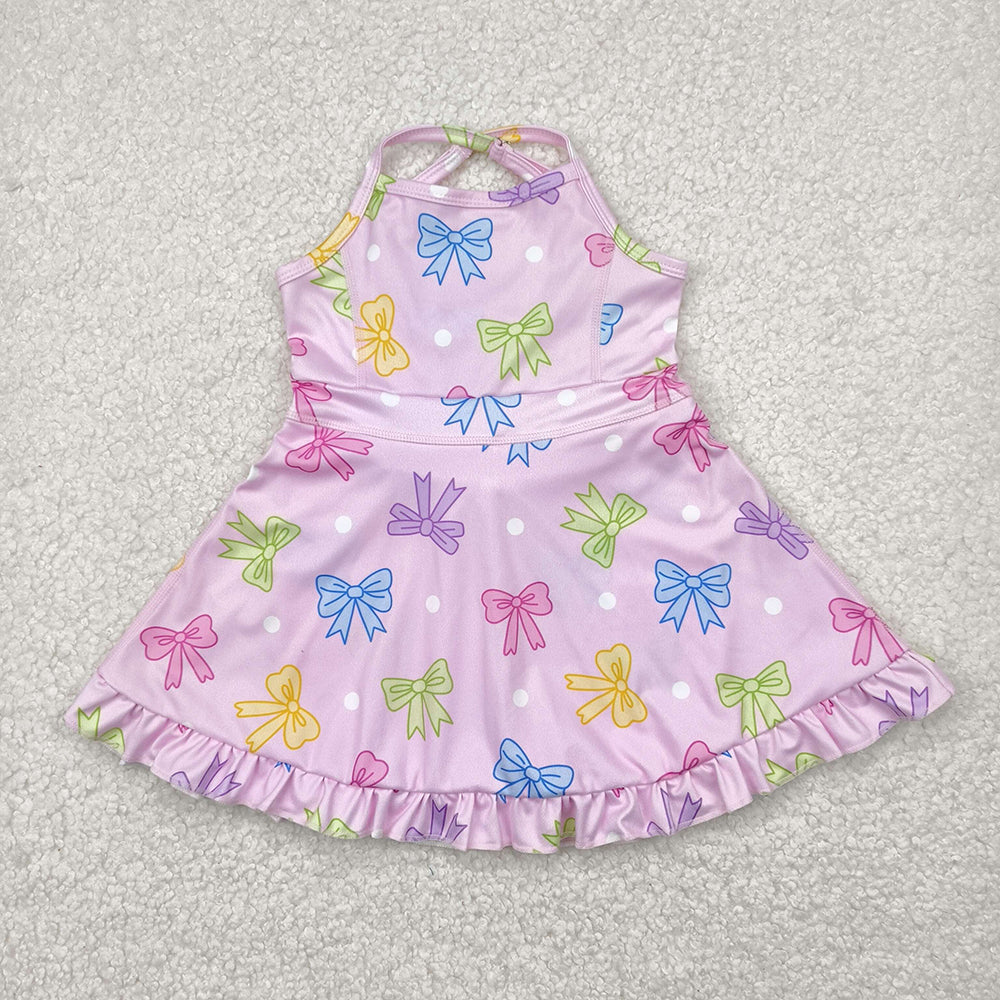 Baby Girls Pink Strap Colorful Bows Polka Dots Yoga Ruffle Knee Length Dresses