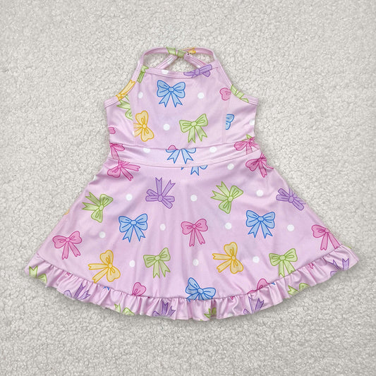 Baby Girls Pink Strap Colorful Bows Polka Dots Yoga Ruffle Knee Length Dresses