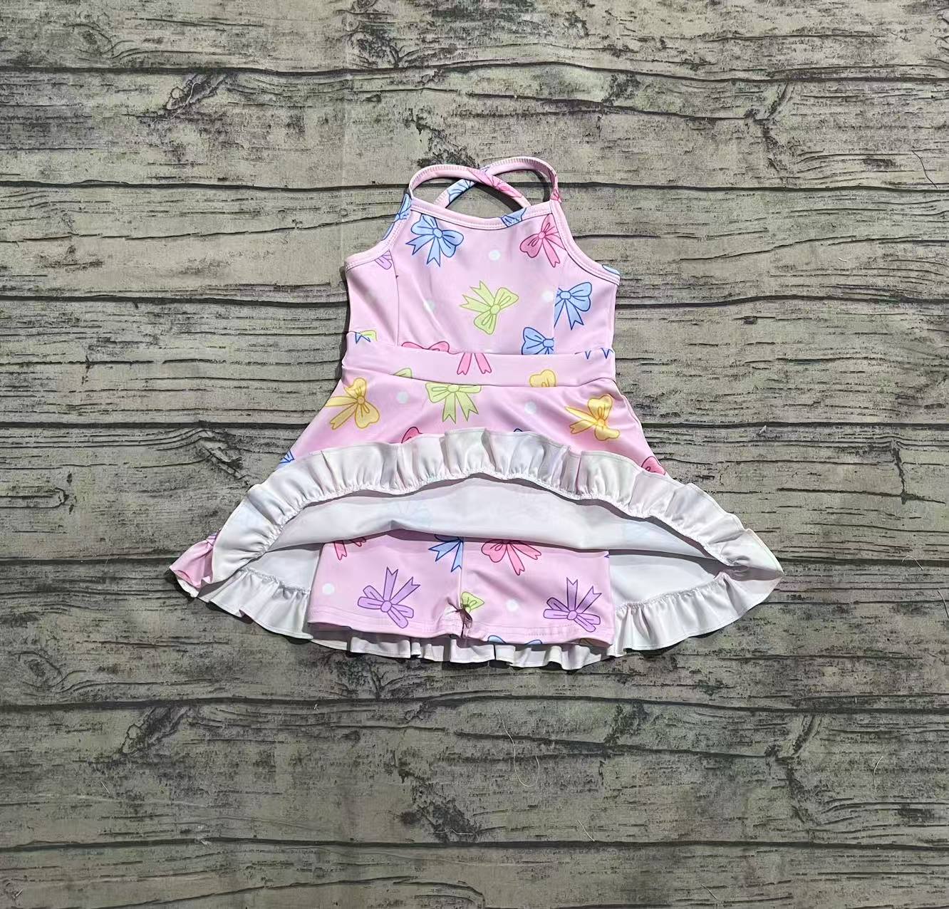 Baby Girls Pink Strap Colorful Bows Polka Dots Yoga Ruffle Knee Length Dresses