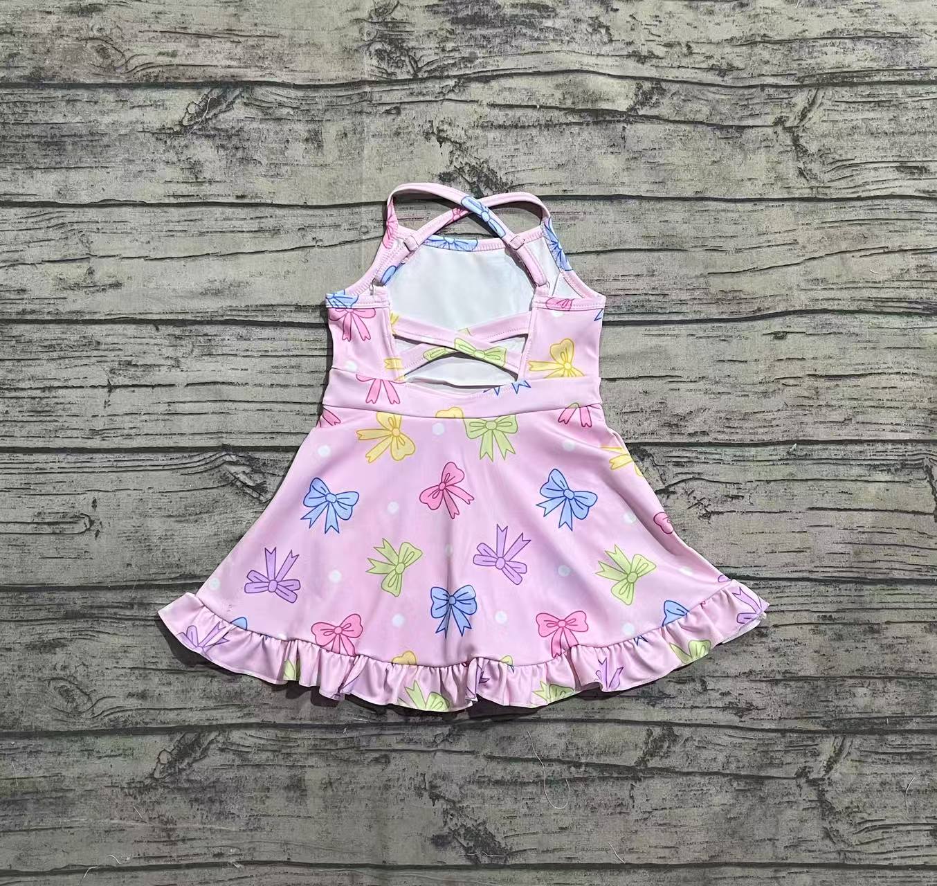 Baby Girls Pink Strap Colorful Bows Polka Dots Yoga Ruffle Knee Length Dresses