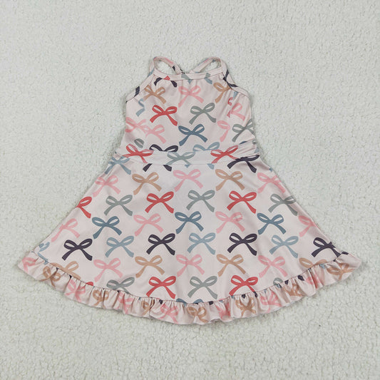 Baby Girls Peach Strap Colorful Bows Yoga Ruffle Knee Length Dresses