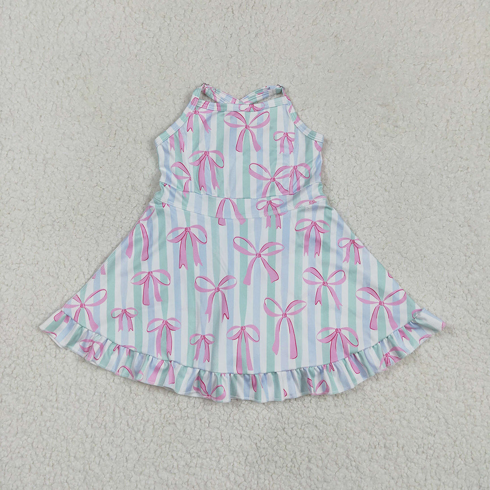 Baby Girls Strap Green Bow Stripe Pink Bows Yoga Ruffle Knee Length Dresses