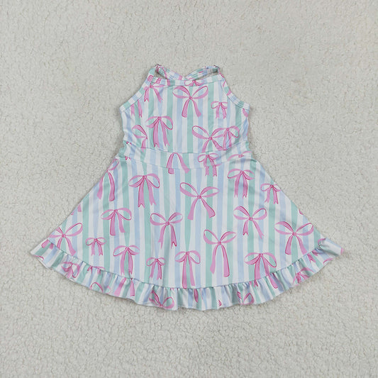 Baby Girls Strap Green Bow Stripe Pink Bows Yoga Ruffle Knee Length Dresses