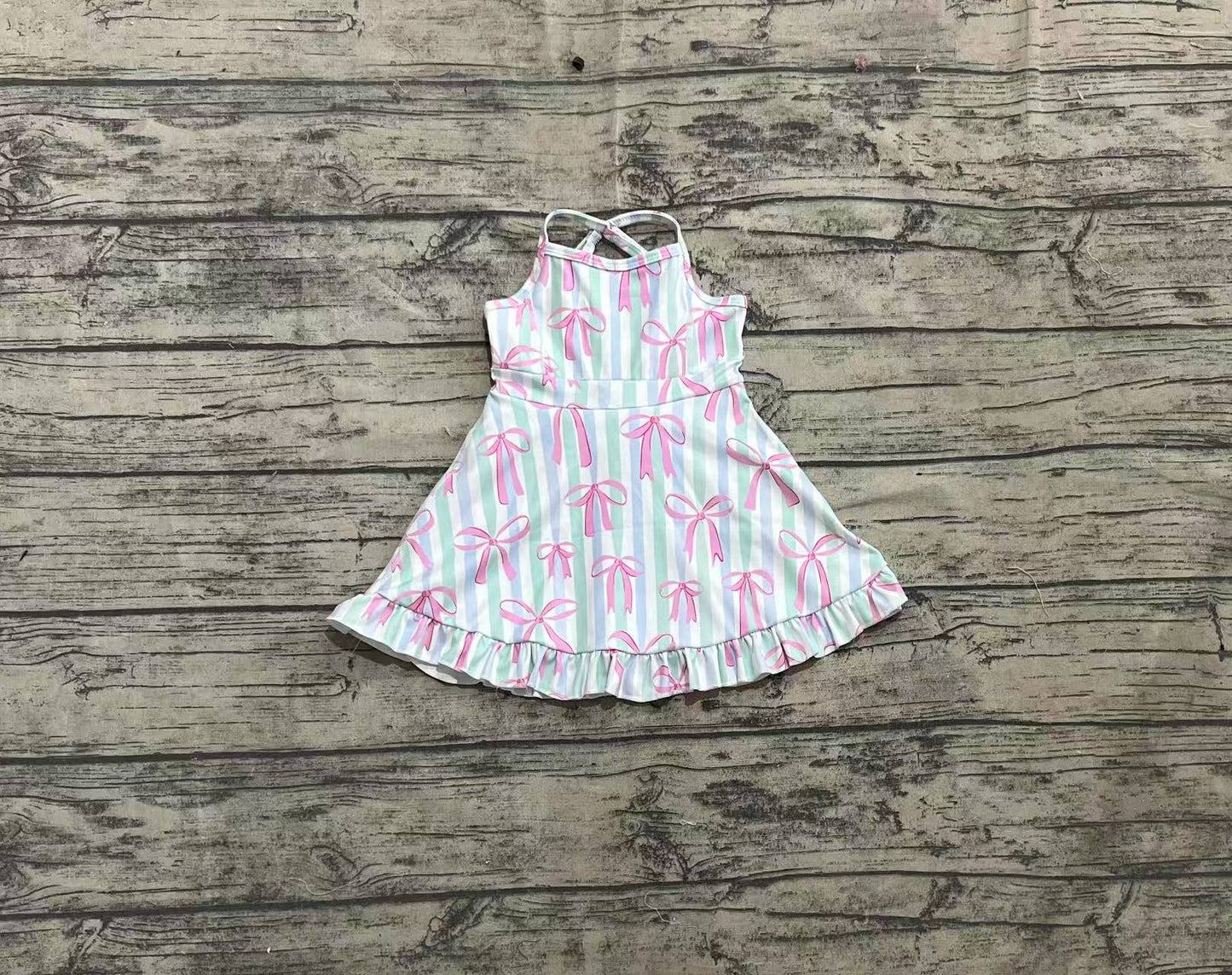 Baby Girls Strap Green Bow Stripe Pink Bows Yoga Ruffle Knee Length Dresses