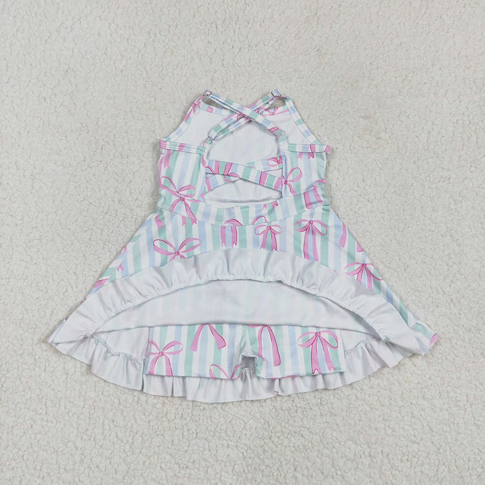 Baby Girls Strap Green Bow Stripe Pink Bows Yoga Ruffle Knee Length Dresses