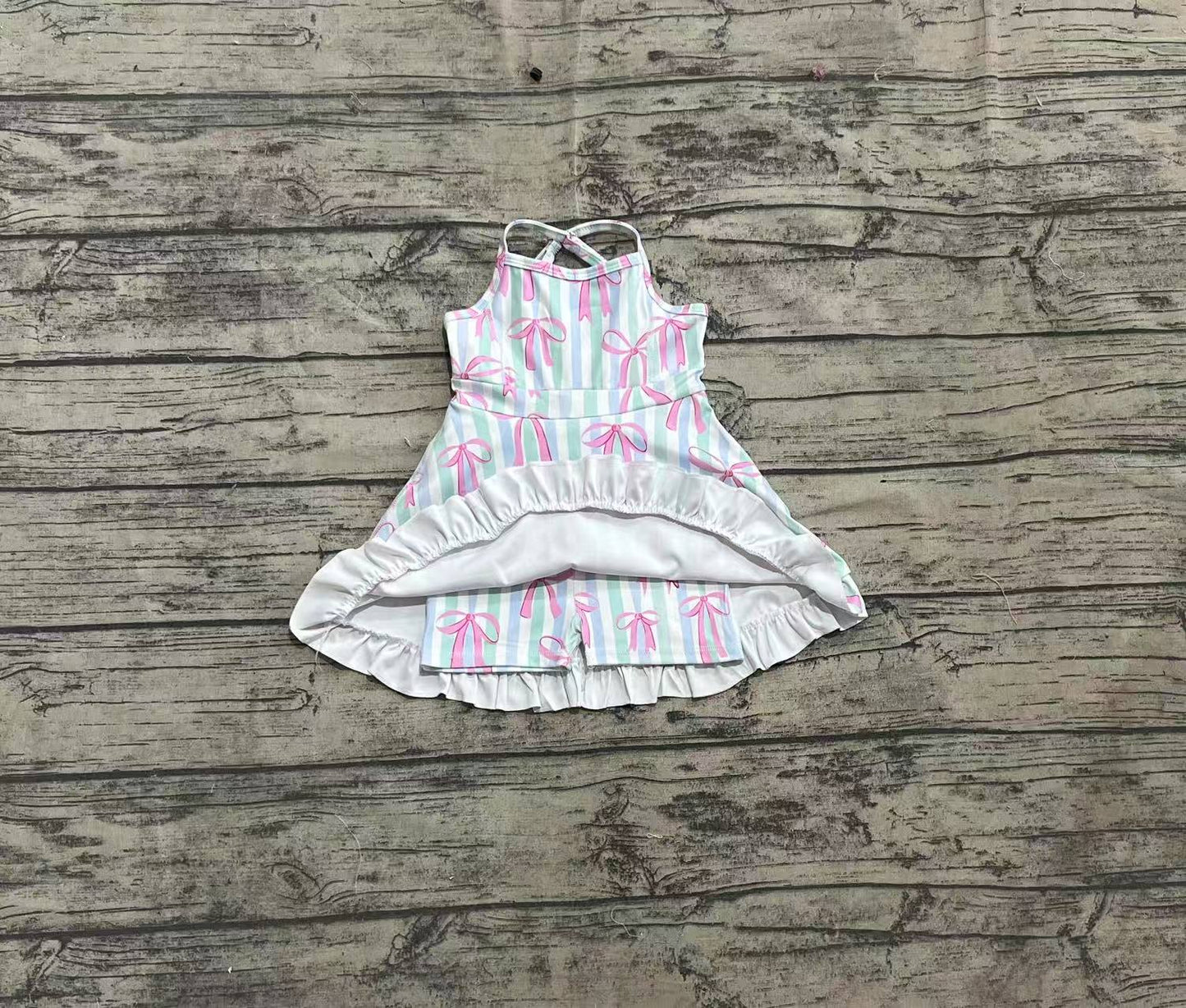 Baby Girls Strap Green Bow Stripe Pink Bows Yoga Ruffle Knee Length Dresses