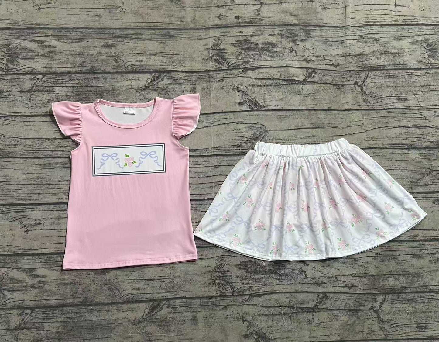 Baby Girls Green Pink Flutter Sleeves Bows Floral Top Skorts Sets