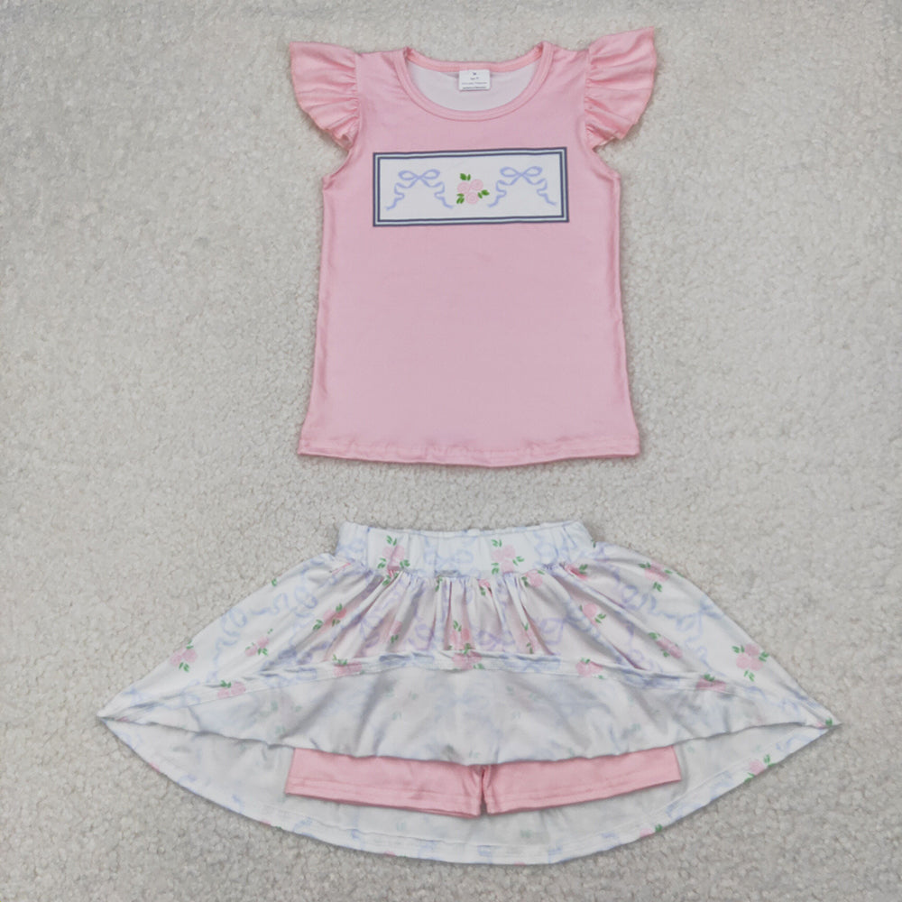 Baby Girls Green Pink Flutter Sleeves Bows Floral Top Skorts Sets