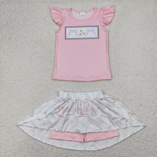 Baby Girls Green Pink Flutter Sleeves Bows Floral Top Skorts Sets