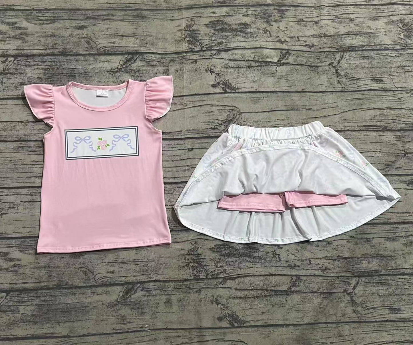 Baby Girls Green Pink Flutter Sleeves Bows Floral Top Skorts Sets