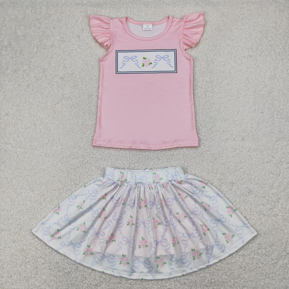 Baby Girls Green Pink Flutter Sleeves Bows Floral Top Skorts Sets