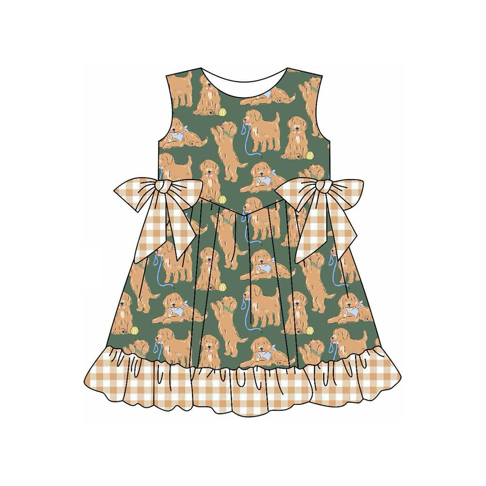 Baby Girls Green Sleeveless Dogs Plaid Bows Knee Length Dresses Preorder