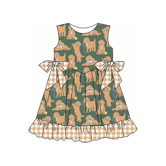 Baby Girls Green Sleeveless Dogs Plaid Bows Knee Length Dresses Preorder