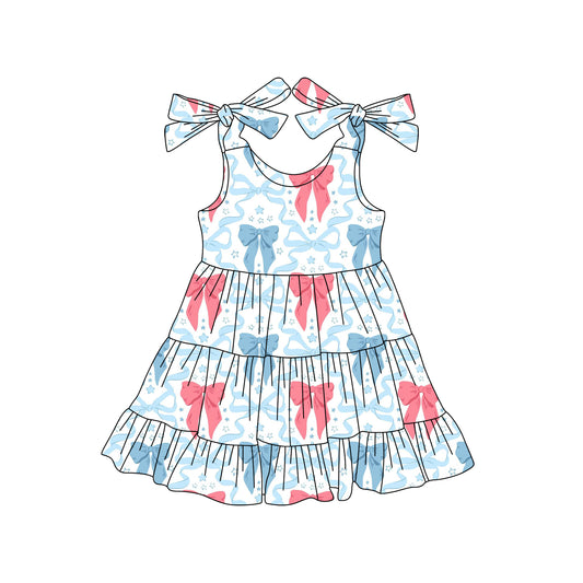 Baby Girls Strap Red Blue Bows Stars 4th Of July Knee Length Dresses Preorder