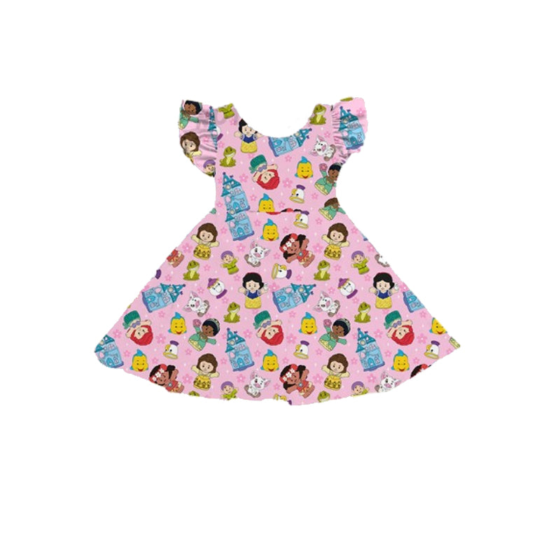 Baby Girls Pink Flutter Sleeves Cartoon Dolls Flowers Knee Length Dresses Preorder