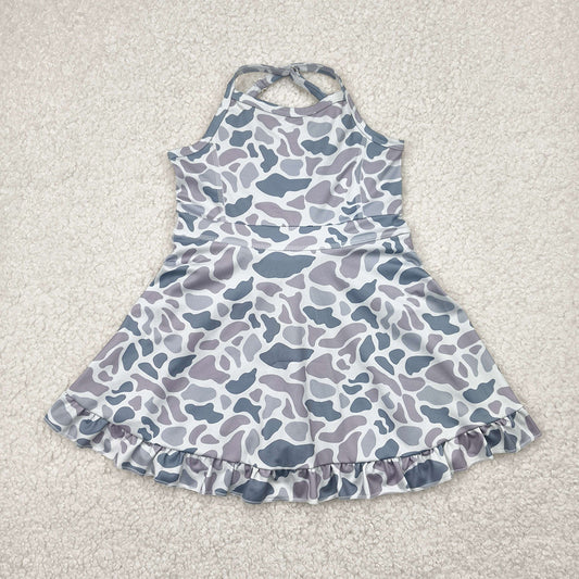 Baby Girls Strap Gray Camo Yoga Ruffle Knee Length Dresses