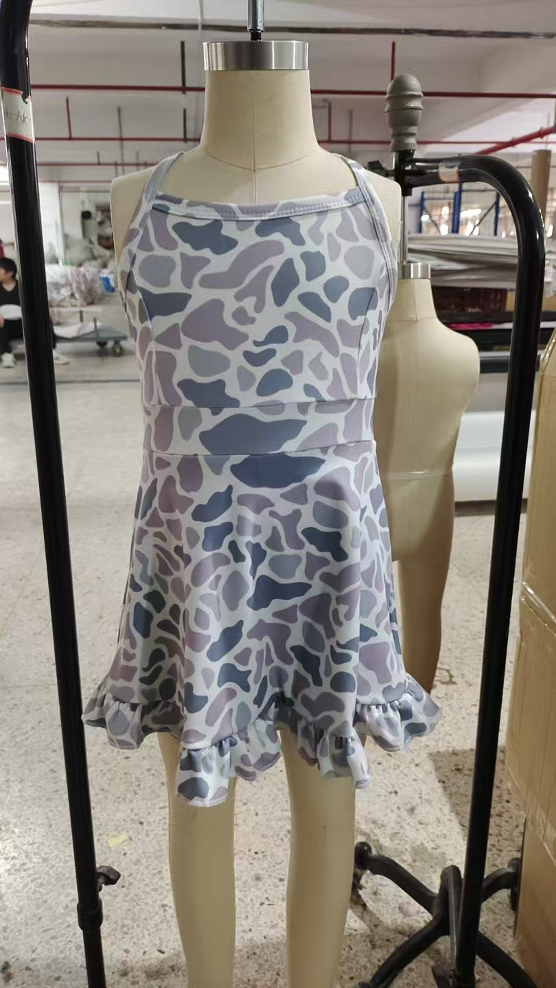 Baby Girls Strap Gray Camo Yoga Ruffle Knee Length Dresses