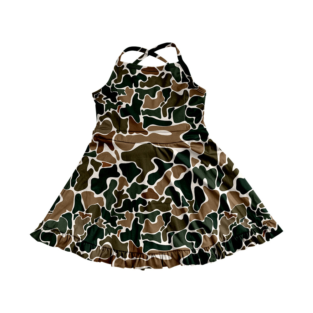 Baby Girls Strap Dark Brown Camo Yoga Ruffle Knee Length Dresses