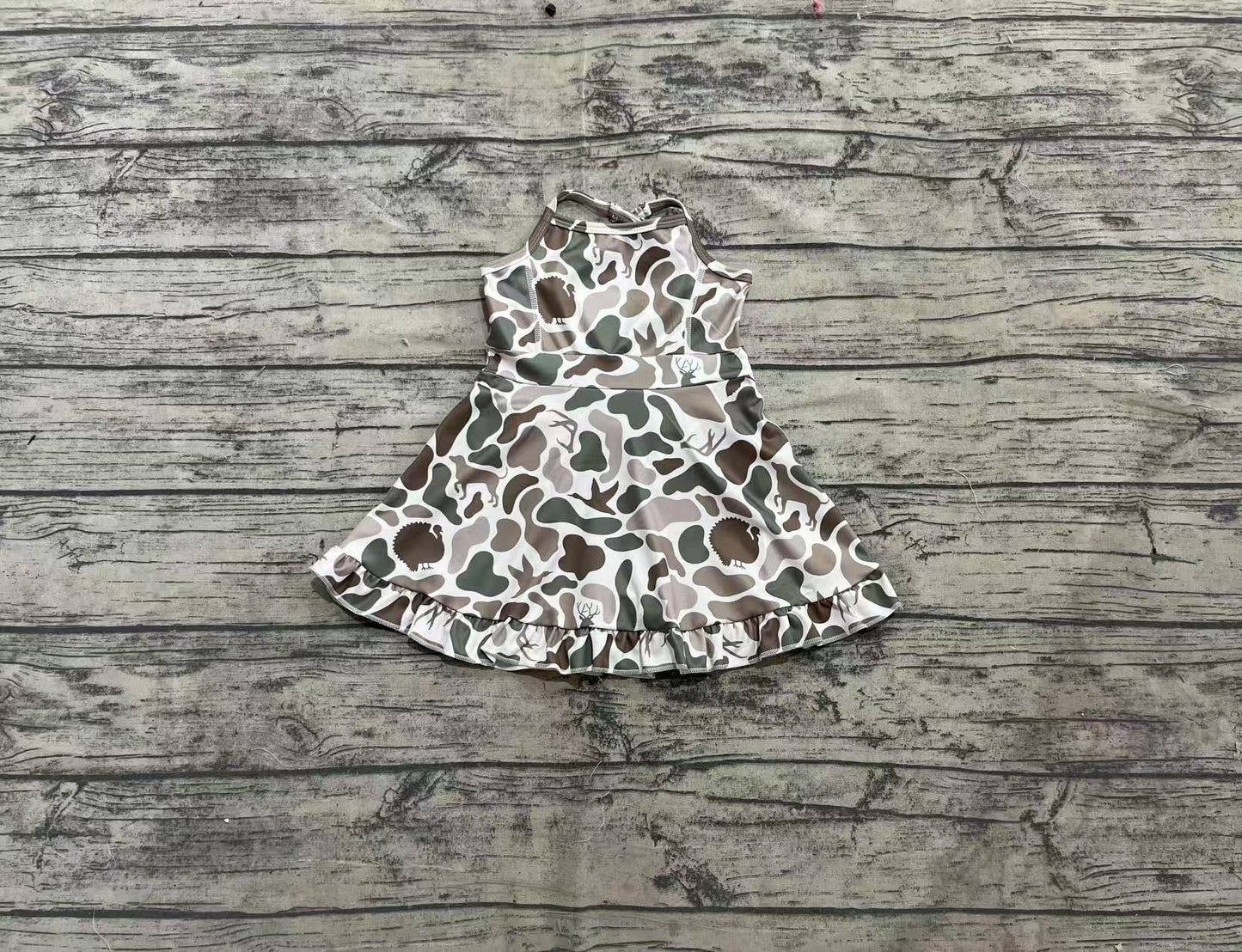 Baby Girls Strap Green Deer Dogs Ducks Camo Yoga Ruffle Knee Length Dresses