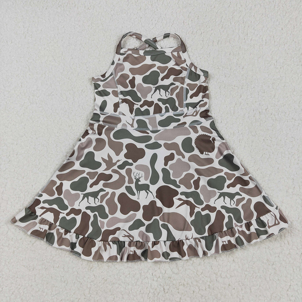 Baby Girls Strap Green Deer Dogs Ducks Camo Yoga Ruffle Knee Length Dresses