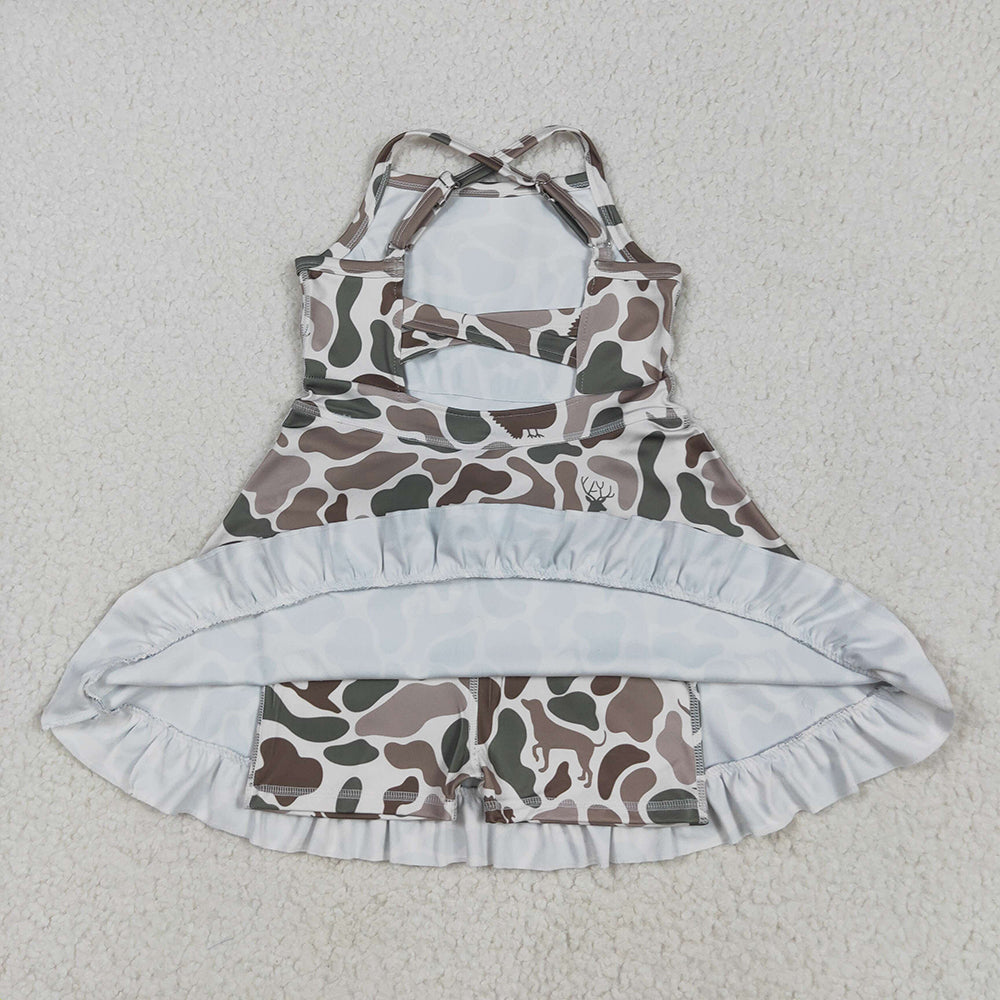 Baby Girls Strap Green Deer Dogs Ducks Camo Yoga Ruffle Knee Length Dresses